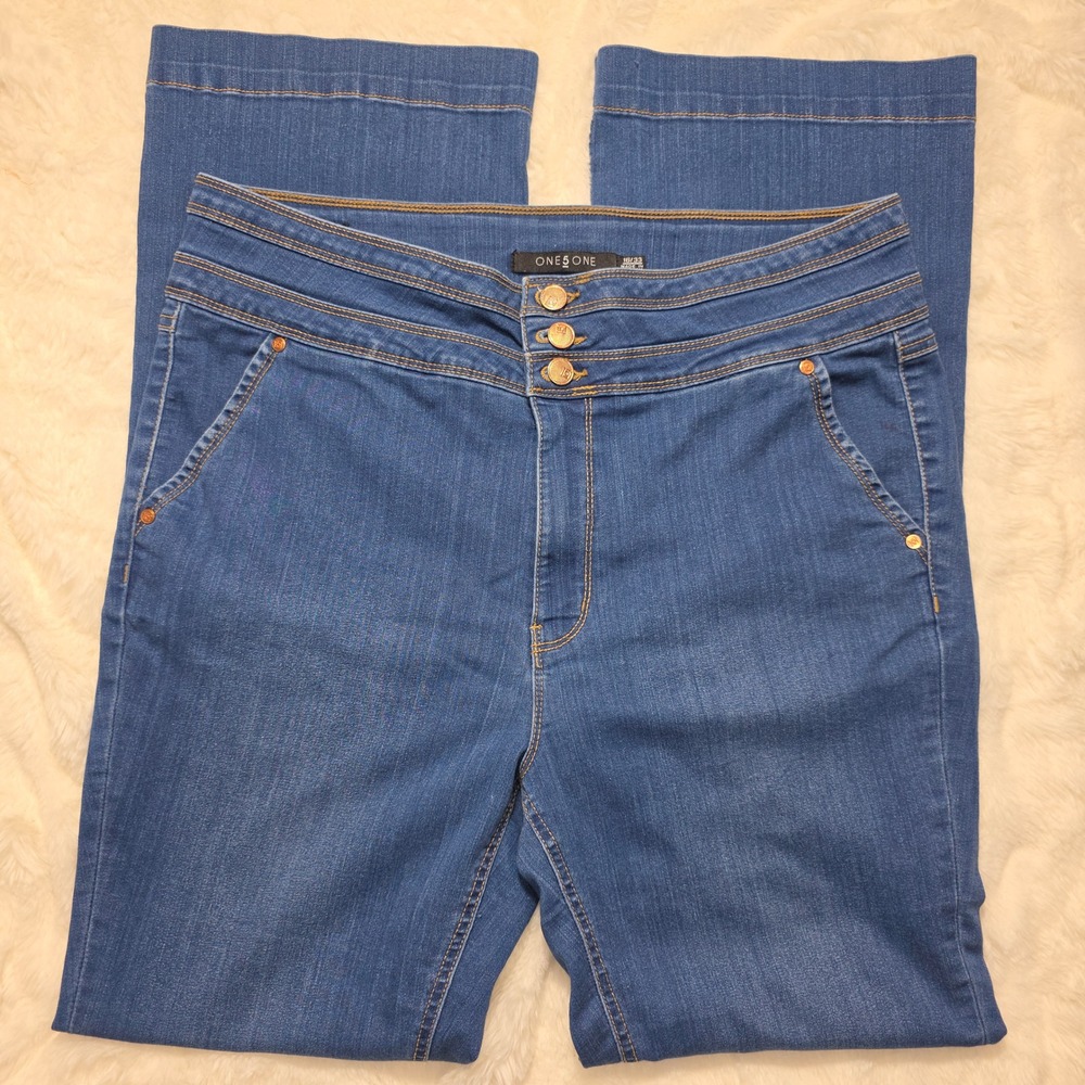 One5One Wide Leg Jeans Womens 16/33 Blue Excellent Triple Button High Rise